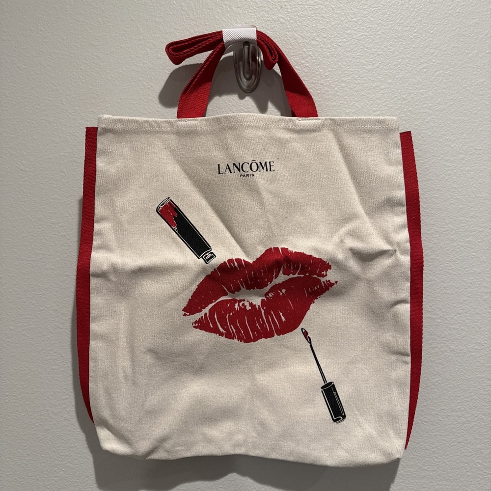 NEW Without Tags LANCOME Canvas Tote Bag, Approx 15"x 15"x2" Red Lips